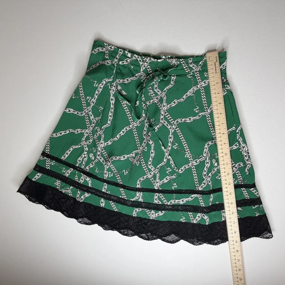 Zadig & Voltaire Jaelle Chaines Green Silk Lace Trim Mini‎ Skirt Sz 34 Old Money